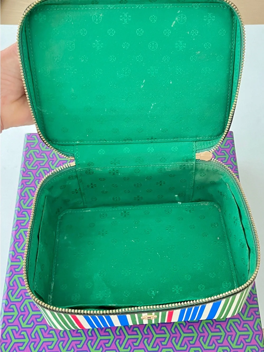 Nice Robinson Tory Burch Green Blue Striped Top-Handle Cosmetic Case
